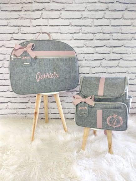 Kit Mala Maternidade e Mochila 2 em 1 Linho Cinza e Rose