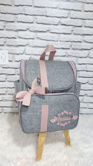 Kit Mala Maternidade e Mochila 2 em 1 Linho Cinza e Rose