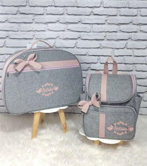 Kit Mala Maternidade e Mochila 2 em 1 Linho Cinza e Rose