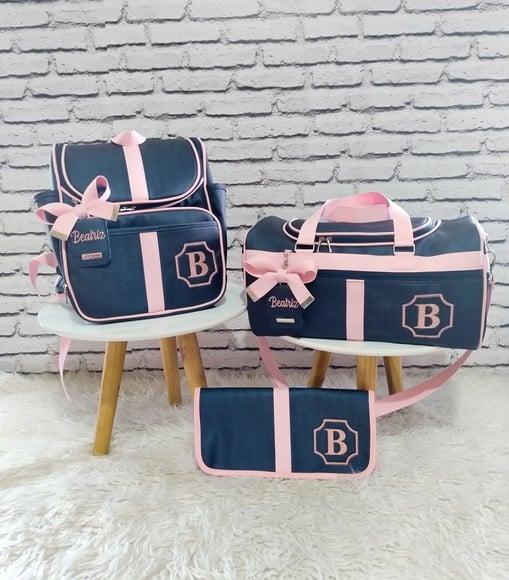 Kit Maternidade Azul Marinho e Rosa Bebê ( Mochila e Mala )