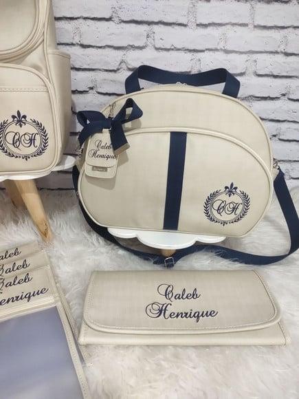 Kit Maternidade Bege Detalhes Azul com Trocador e Saquinhos