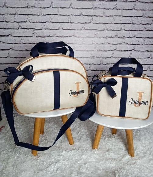 Kit Maternidade Bolsa G e Frasqueira Bege Azul e Caramelo