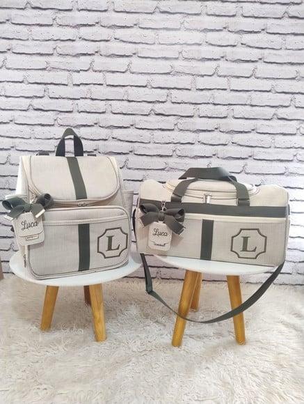 Kit Maternidade Bolsas no Linho Luxo Bege e Verde Militar