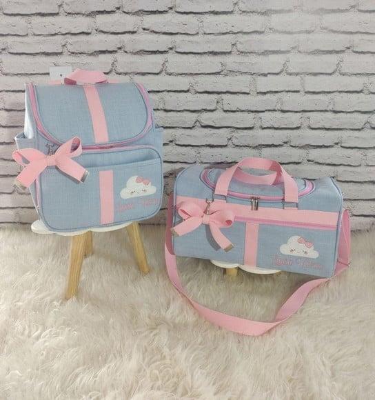 Kit Maternidade Bolsas no Linho Luxo Azul Bebê e Rosa Bebê