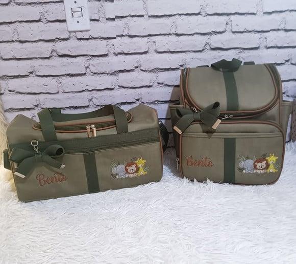 Kit Maternidade Bolsas Verde Musgo e Caramelo Tema Safari