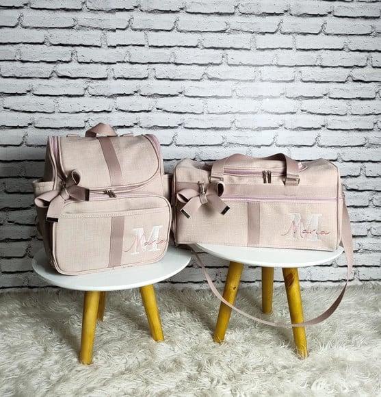 Kit Maternidade Bolsas no Linho Luxo Rose Mala Baú e Mochila
