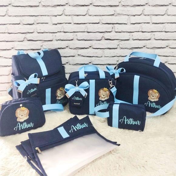 Kit Maternidade Completo Linho Azul Luxo Fitas Bordado Leão