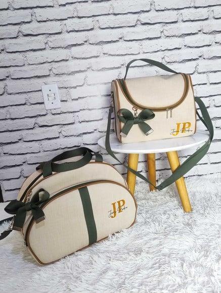 Kit Maternidade Linho Aveia e Verde Bolsa e Frasqueira