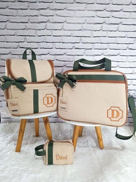Kit Maternidade Linho Aveia Detalhes Verde Musgo + Brinde