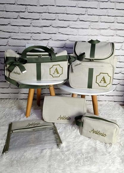 Kit Maternidade Linho Bege e Verde Mala + Mochila 2 em 1
