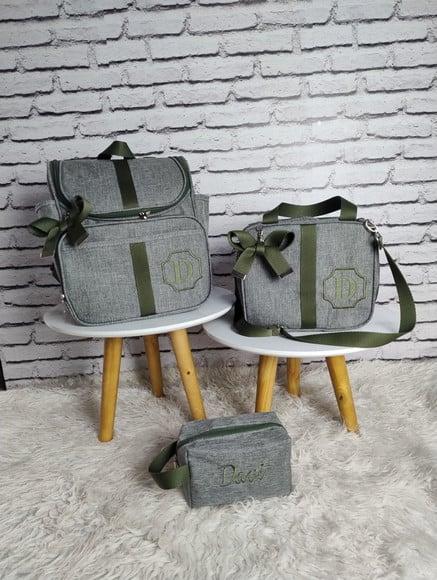 Kit Maternidade Linho Cinza com Verde e Necessaire de Brinde