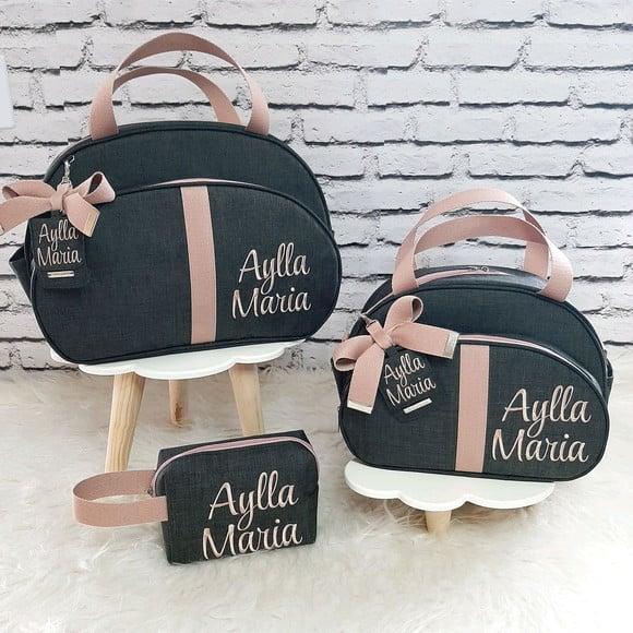 Kit Maternidade Linho Luxo Fita Rose + Necessaire de Brinde