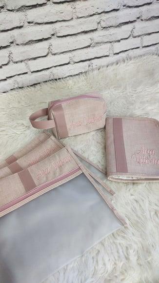 Kit Maternidade Linho Rose: Saquinhos, Necessaire, C. Vacina
