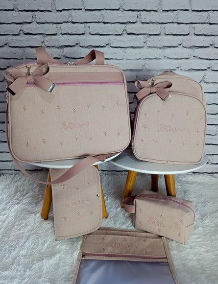 Kit Maternidade Linho Rose com Florzinhas +necessaire Brinde