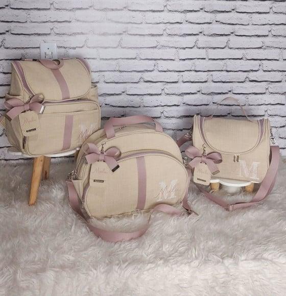 Kit Maternidade Personalizado Luxo Linho Areia com Rose
