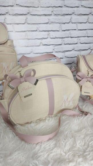 Kit Maternidade Personalizado Luxo Linho Areia com Rose