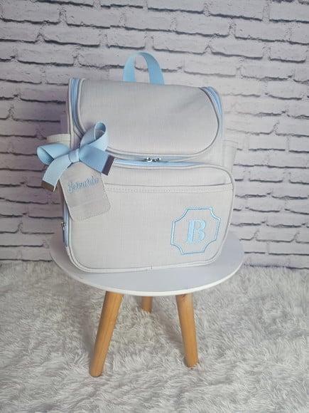 Kit Maternidade Personalizado Linho Off White e Azul Bebê
