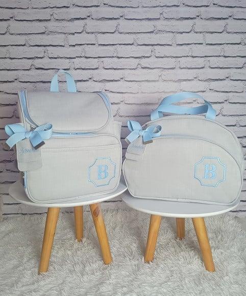 Kit Maternidade Personalizado Linho Off White e Azul Bebê