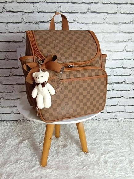 Kit Maternidade Xadrez Caramelo Marrom Mala + Mochila 2 em 1