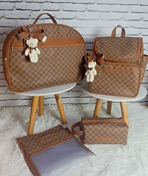 Kit Maternidade Xadrez Caramelo Marrom Mala + Mochila 2 em 1