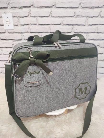 Mala Mamãe Maternidade Com Tag Linho Cinza E Verde Militar
