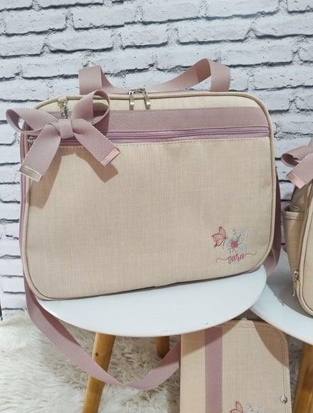 Mala Mamãe Maternidade com Tag Linho Aveia e Detalhes Rose