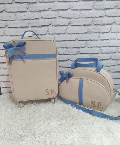 Mala Maternidade de Rodinhas 360 Linho Aveia + Bolsa G Azul