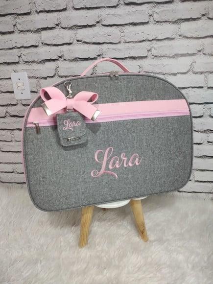 Mala Maternidade Linho Cinza e Rosa com Tag