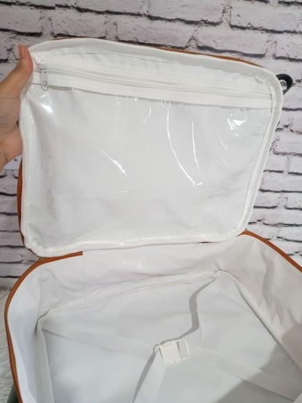 Mala Maternidade Mamãe Linho Aveia Detalhes Caramelo e Azul