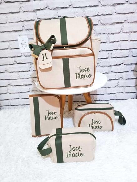 Mochila 2 em 1 Linho Aveia Verde e Caramelo + Utilitários