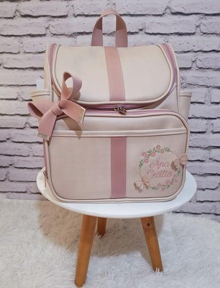 Mochila 2 em 1 Bege Detalhes Rose Flores e Borboletas