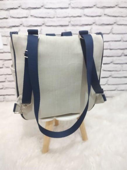 Mochila 2 em 1 linho luxo bege e azul marinho com tag