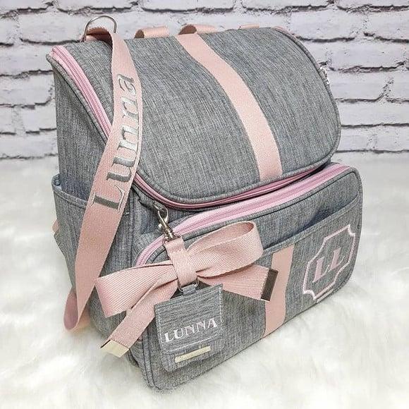 Mochila 2 em 1 Linho Luxo Cinza e Rose Alça/tag Personalizad