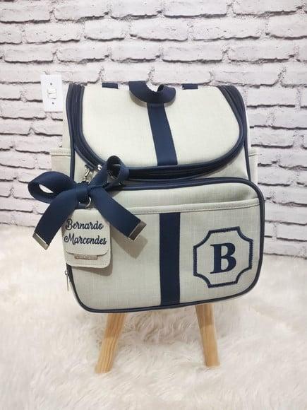Mochila 2 em 1 linho luxo bege e azul marinho com tag