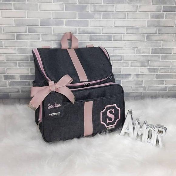 Mochila 2 em 1 Linho Luxo Preta e Rose Tag Personalizada