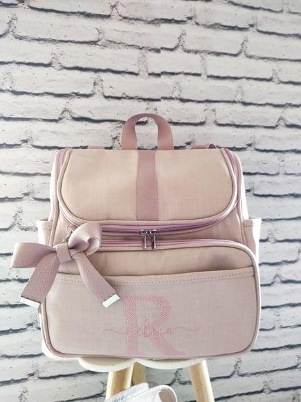 Mochila 2 em 1 linho luxo toda no Rose (Bolsa maternidade)