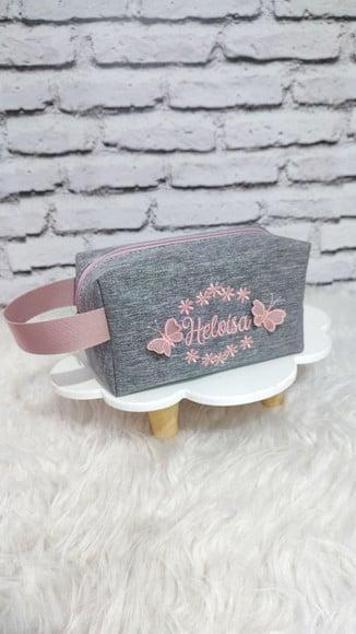 Necessárie Box Baby Linho Cinza e Rose Tema Borboleta