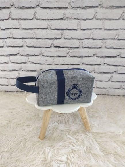 Necessarie Box Baby Linho Cinza E Azul Marinho
