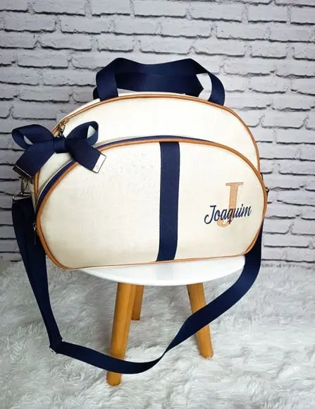 Bolsa Maternidade G Bege com Detalhes Azul e Caramelo