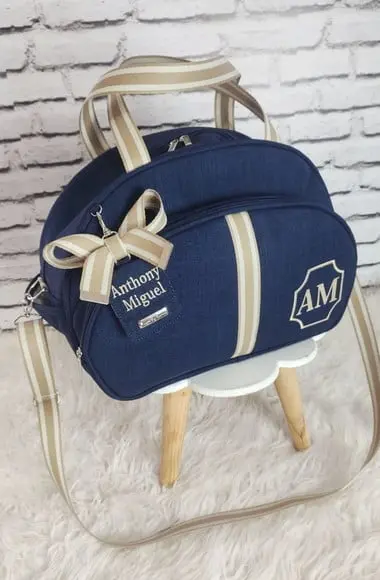 Bolsa Maternidade G Azul Marinho e Bege Tag Personalizada