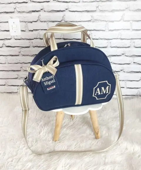 Bolsa Maternidade G Azul Marinho e Bege Tag Personalizada