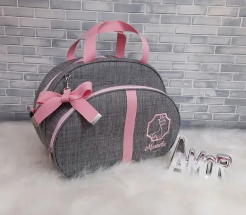 Bolsa maternidade G coleção linho com fitas rosa bebê