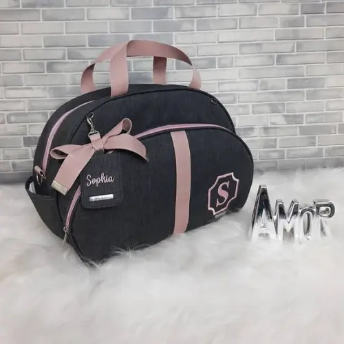 Bolsa Maternidade G coleção linho preto e rose tag bordada