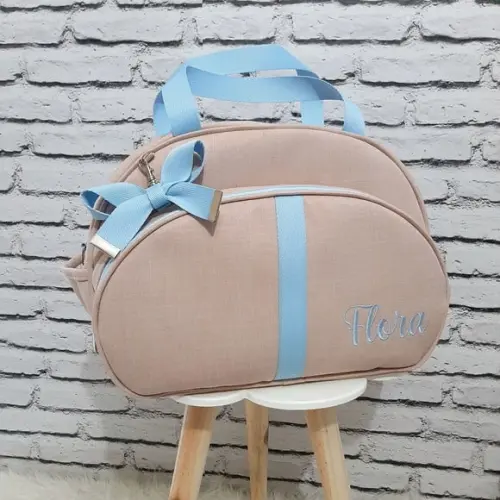 Bolsa maternidade G coleção linho luxo rose e fita azul bebê