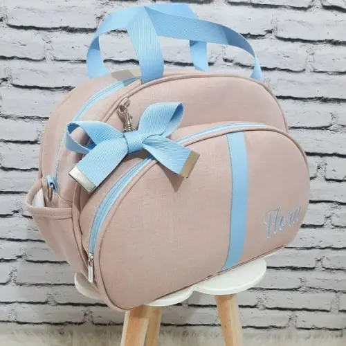 Bolsa maternidade G coleção linho luxo rose e fita azul bebê