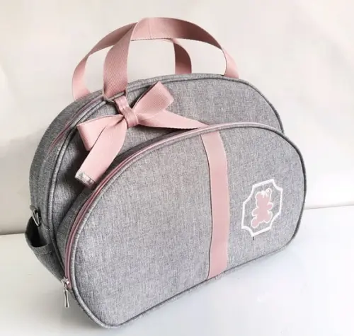 Bolsa maternidade G coleção linho luxo cinza com fitas rose