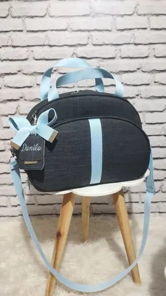 Bolsa Maternidade G Linho Preto e Azul Tag Personalizada