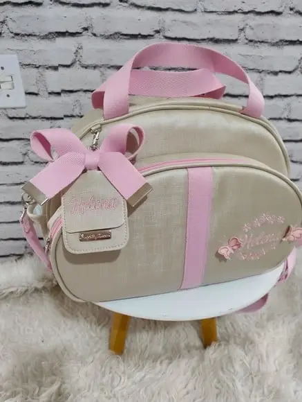 Bolsa Maternidade Media Bege com Rosa Bebe Jardim Borboleta