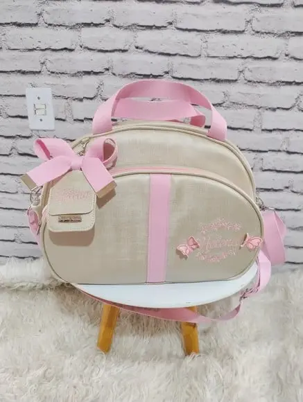 Bolsa Maternidade Media Bege com Rosa Bebe Jardim Borboleta