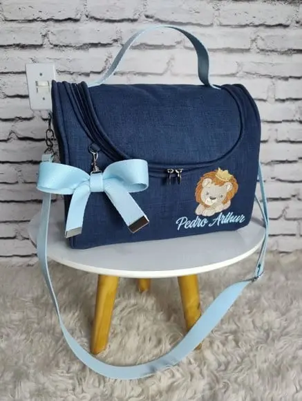 Frasqueira Térmica do Bebê Linho Azul Marinho Bordado Leão